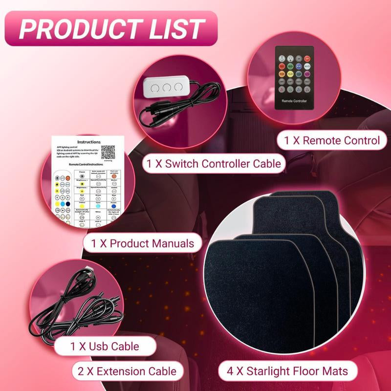 The Luxanta V2 Starlight LED Fiber Optic Car Floor Mats 8-Mode Music Sync APP & Remote Controlled RGB Glow-Edge 4PC Universal Set with Exclusive Glow-Edge Technology and 16 Million Color Options
